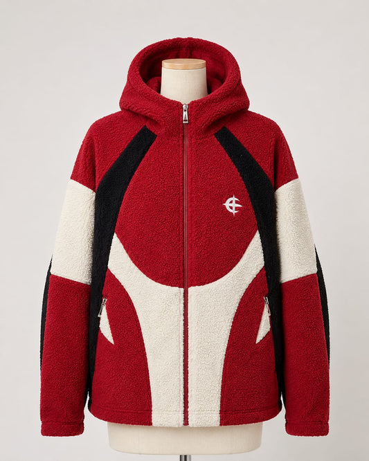Unisex Jacket Red Black Cream Colour Block Sherpa Fleece Hooded Size S Approx. 24" PTP - Very Good Condition