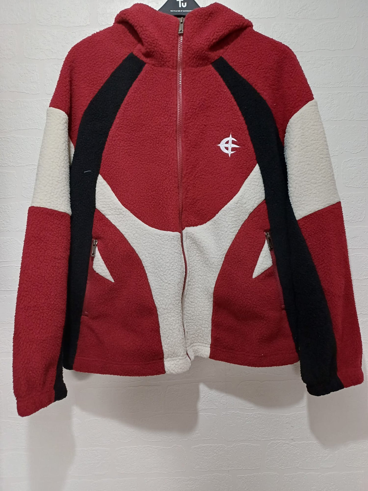 Unisex Jacket Red Black Cream Colour Block Sherpa Fleece Hooded Size S Approx. 24" PTP - Very Good Condition