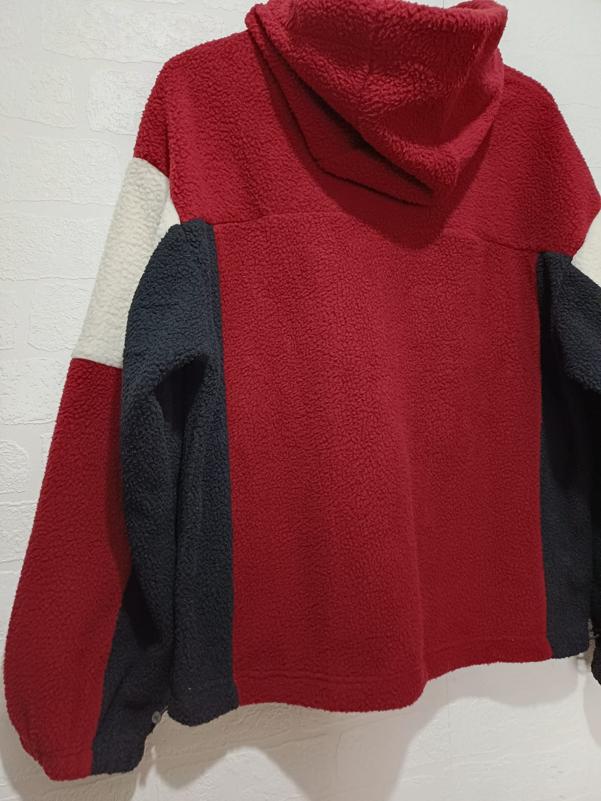 Unisex Jacket Red Black Cream Colour Block Sherpa Fleece Hooded Size S Approx. 24" PTP - Very Good Condition