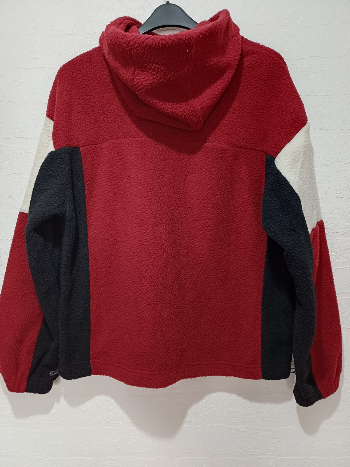 Unisex Jacket Red Black Cream Colour Block Sherpa Fleece Hooded Size S Approx. 24" PTP - Very Good Condition