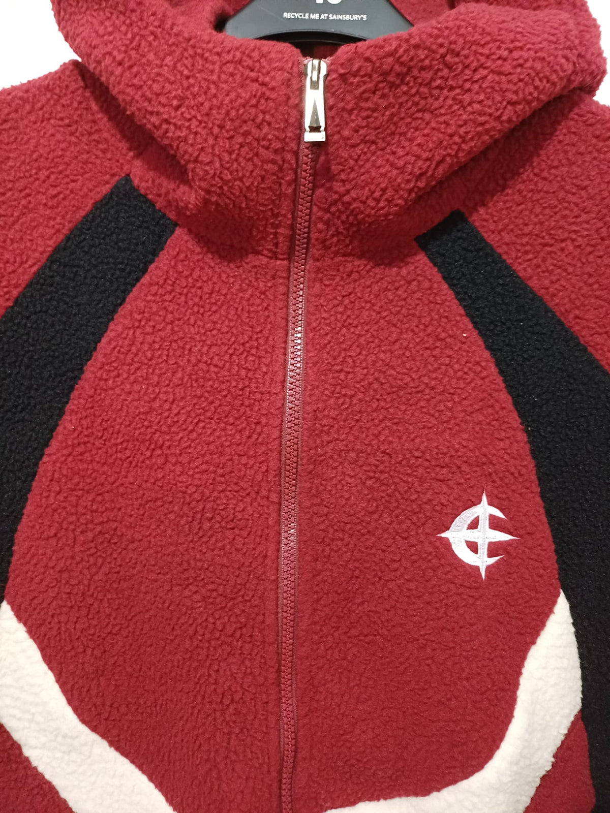 Unisex Jacket Red Black Cream Colour Block Sherpa Fleece Hooded Size S Approx. 24" PTP - Very Good Condition
