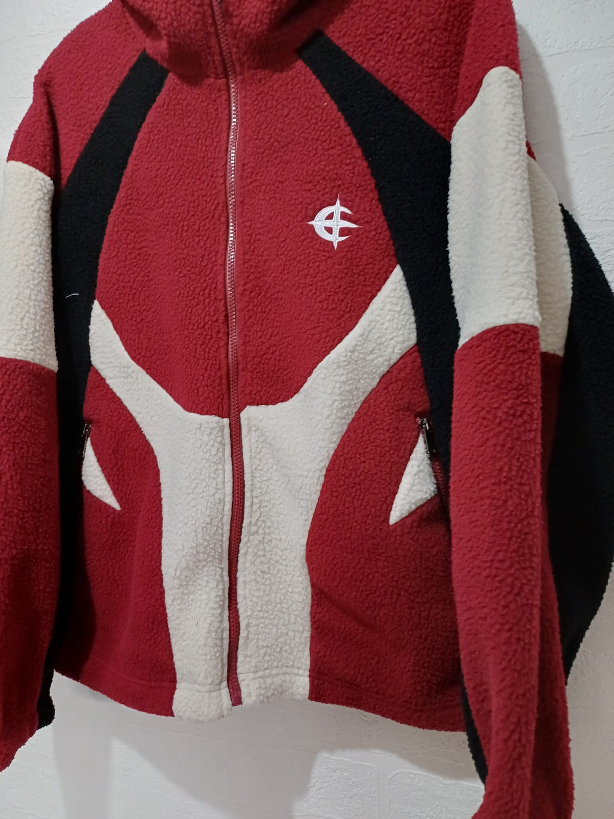 Unisex Jacket Red Black Cream Colour Block Sherpa Fleece Hooded Size S Approx. 24" PTP - Very Good Condition
