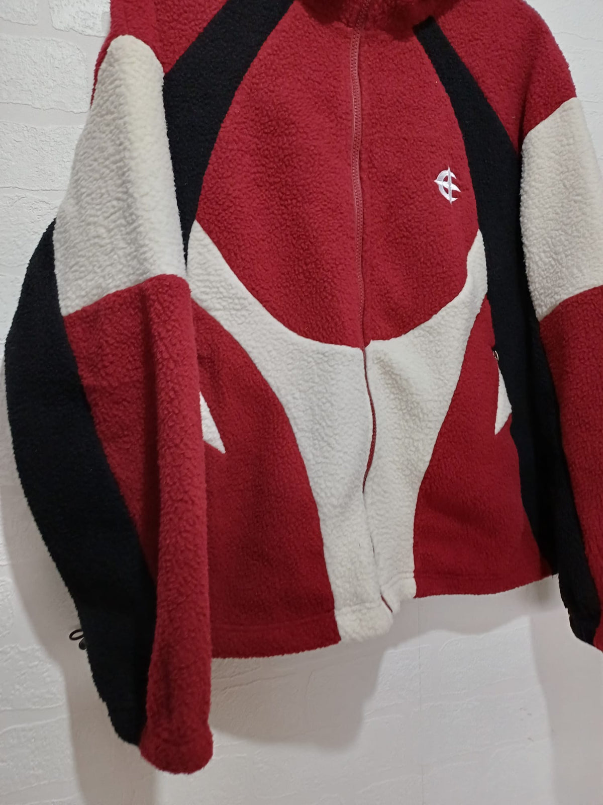 Unisex Jacket Red Black Cream Colour Block Sherpa Fleece Hooded Size S Approx. 24" PTP - Very Good Condition