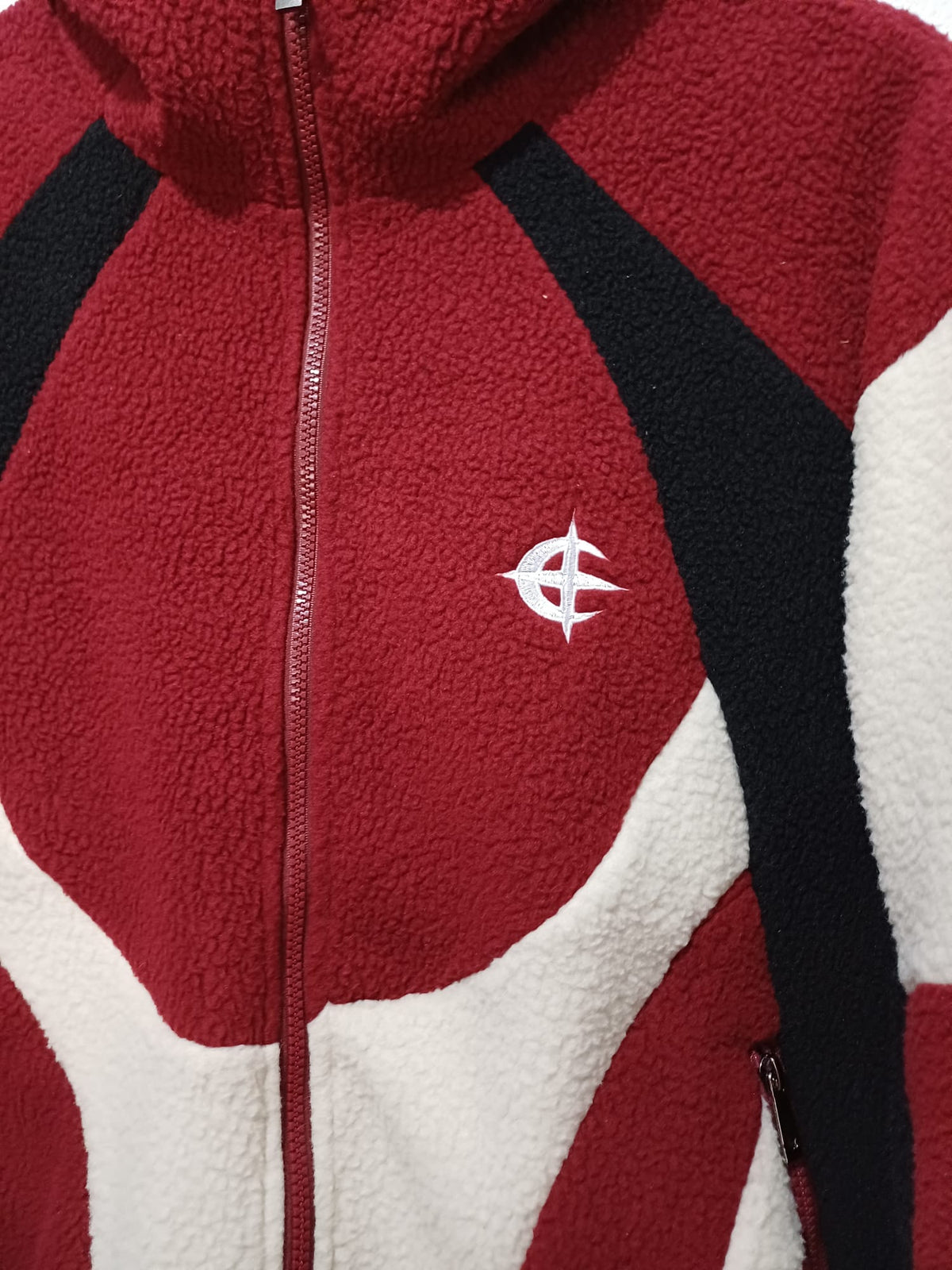 Unisex Jacket Red Black Cream Colour Block Sherpa Fleece Hooded Size S Approx. 24" PTP - Very Good Condition