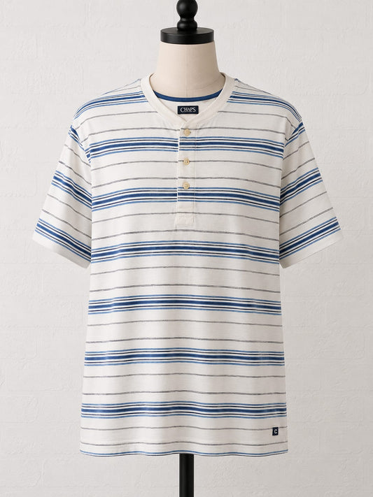 Men's T-Shirt CHAPS Blue White Stripe Henley Size XL Approx. 23" PTP - Very Good Condition