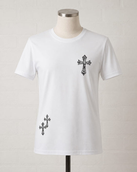 Men's T-Shirt White Black Gothic Cross Graphic Print Short Sleeve Size S Approx. 20" PTP - Very Good Condition