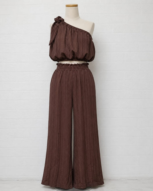 Women's Two-Piece Set SHEIN Brown Ribbed One Shoulder Crop Top & Wide Leg Trousers Size 0XL - New
