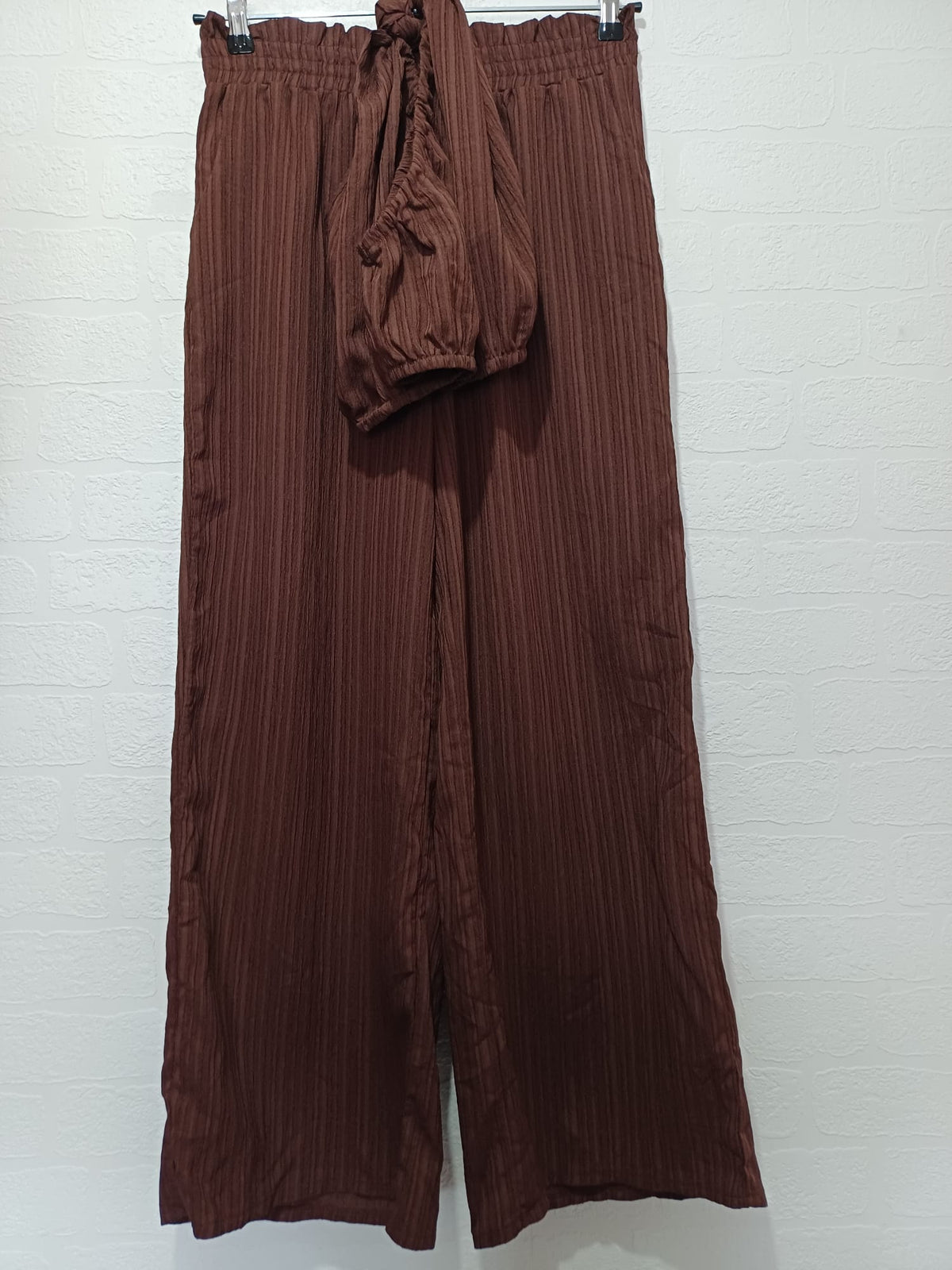 Women's Two-Piece Set SHEIN Brown Ribbed One Shoulder Crop Top & Wide Leg Trousers Size 0XL - New