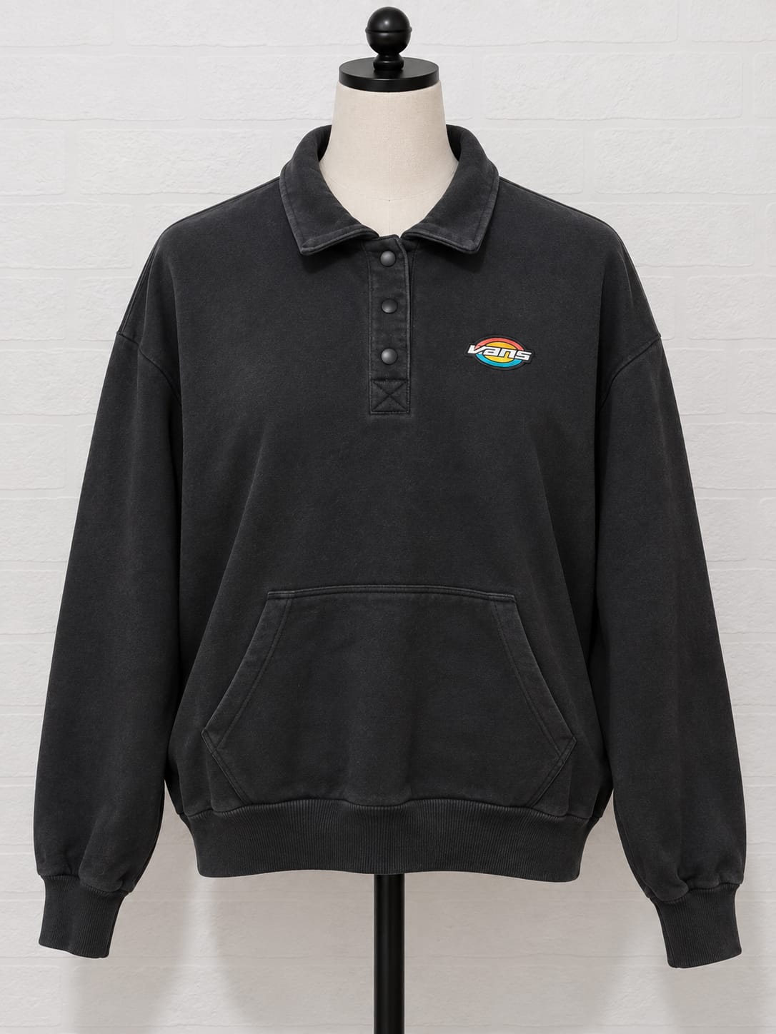 Men's Sweatshirt Vans Black Collared Rainbow Logo Kangaroo Pocket Size S Approx. 22" PTP - Good Condition