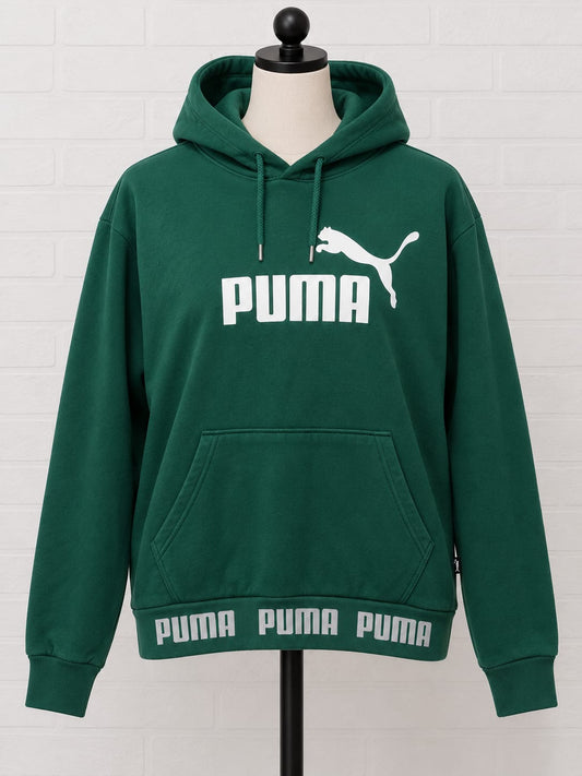 Men's Hoodie Puma Green Logo Pullover Drawstring Size S Approx. 21" PTP - Very Good Condition