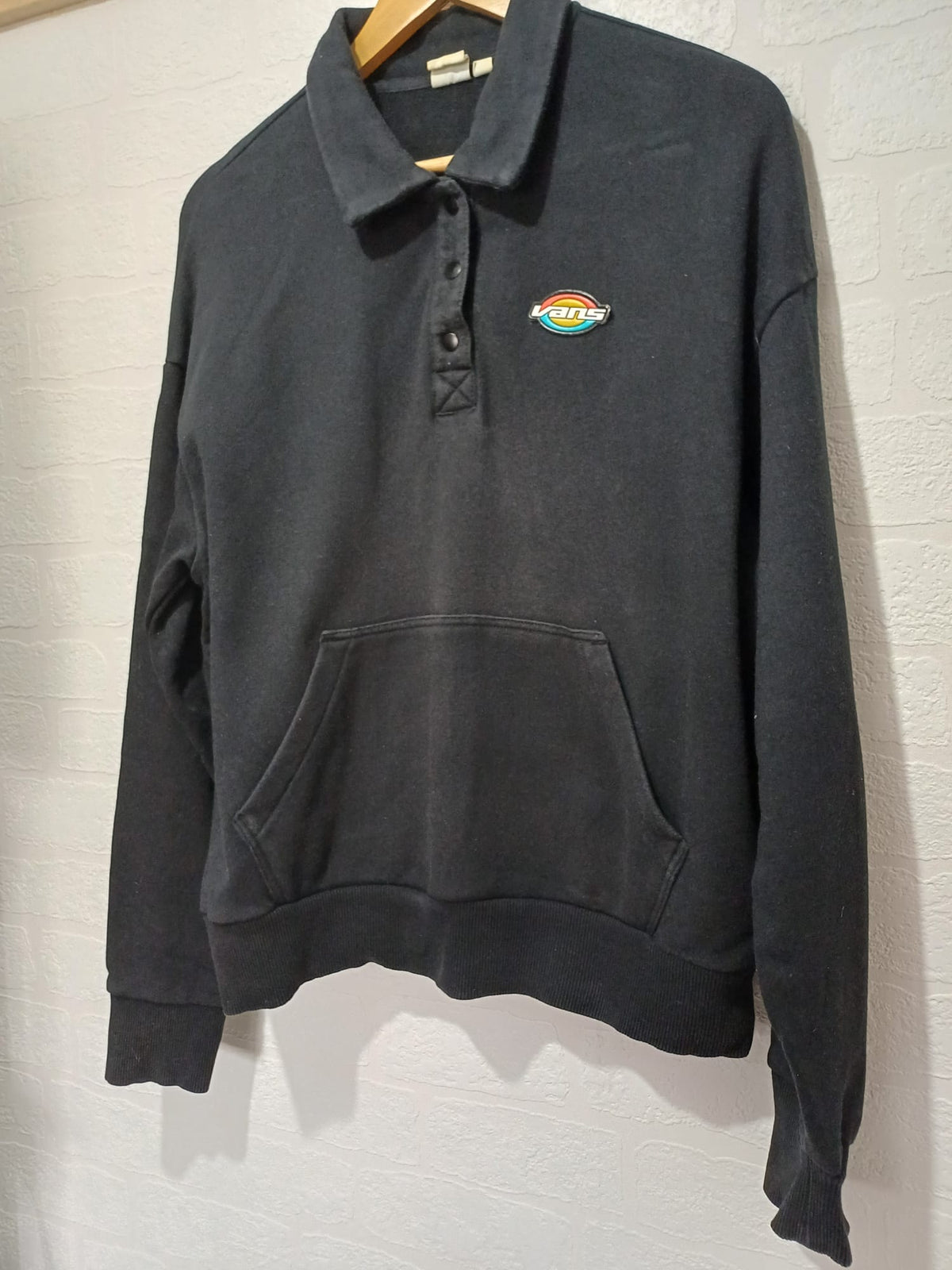 Men's Sweatshirt Vans Black Collared Rainbow Logo Kangaroo Pocket Size S Approx. 22" PTP - Good Condition