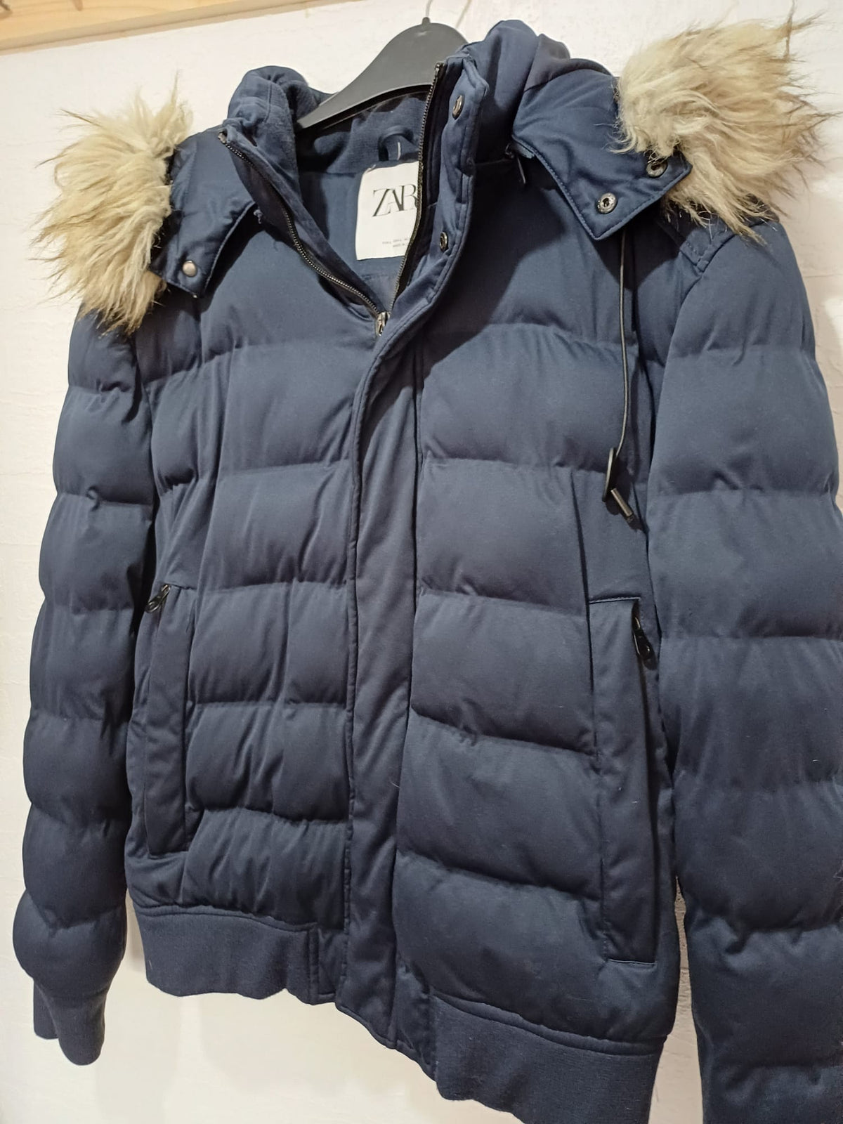 Women's Puffer Jacket Zara Navy Blue Faux Fur Hood Winter Coat L Approx. 23" PTP - Very Good Condition