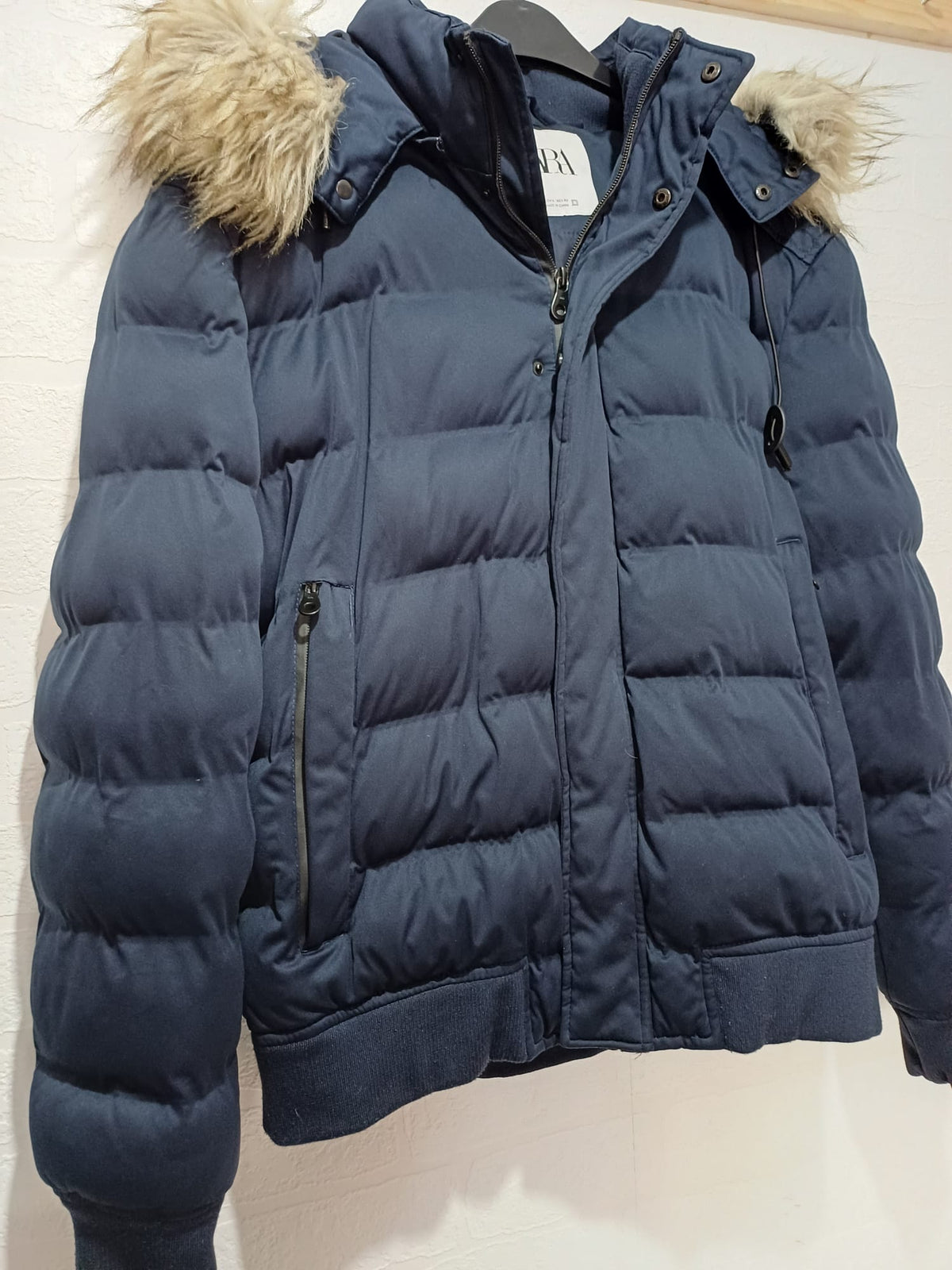 Women's Puffer Jacket Zara Navy Blue Faux Fur Hood Winter Coat L Approx. 23" PTP - Very Good Condition