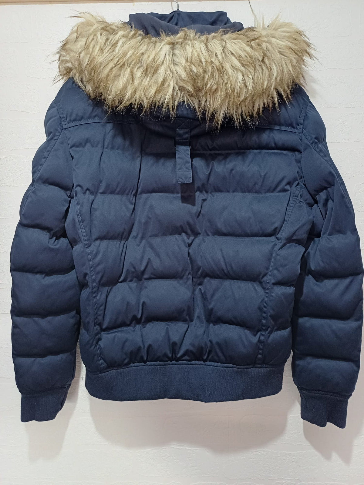 Women's Puffer Jacket Zara Navy Blue Faux Fur Hood Winter Coat L Approx. 23" PTP - Very Good Condition