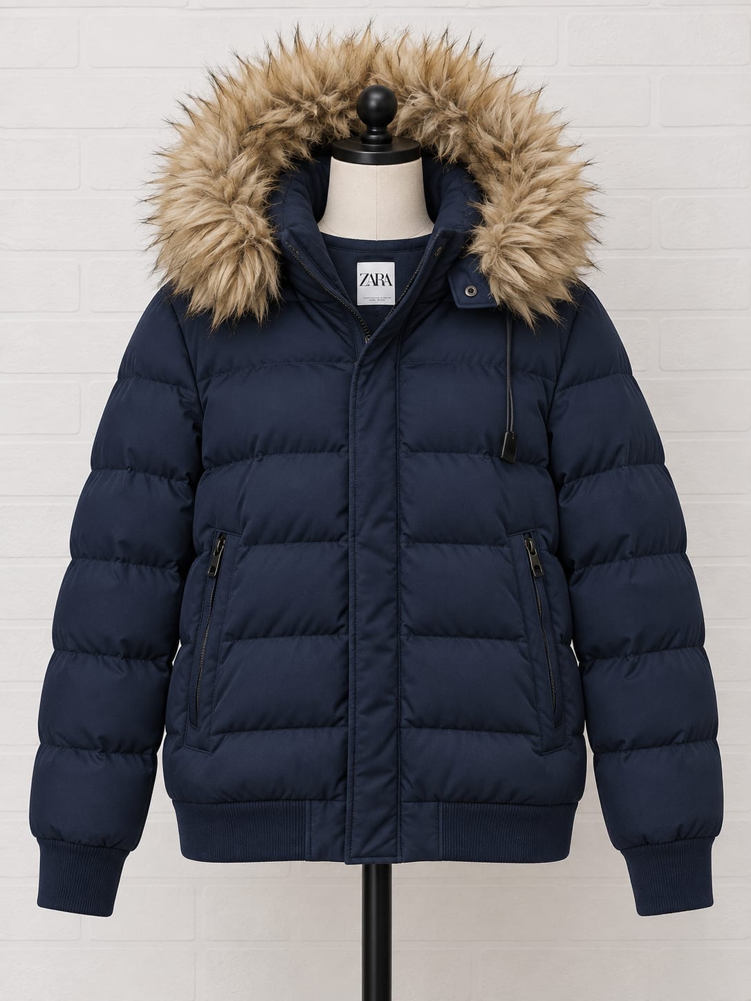Women's Puffer Jacket Zara Navy Blue Faux Fur Hood Winter Coat L Approx. 23" PTP - Very Good Condition