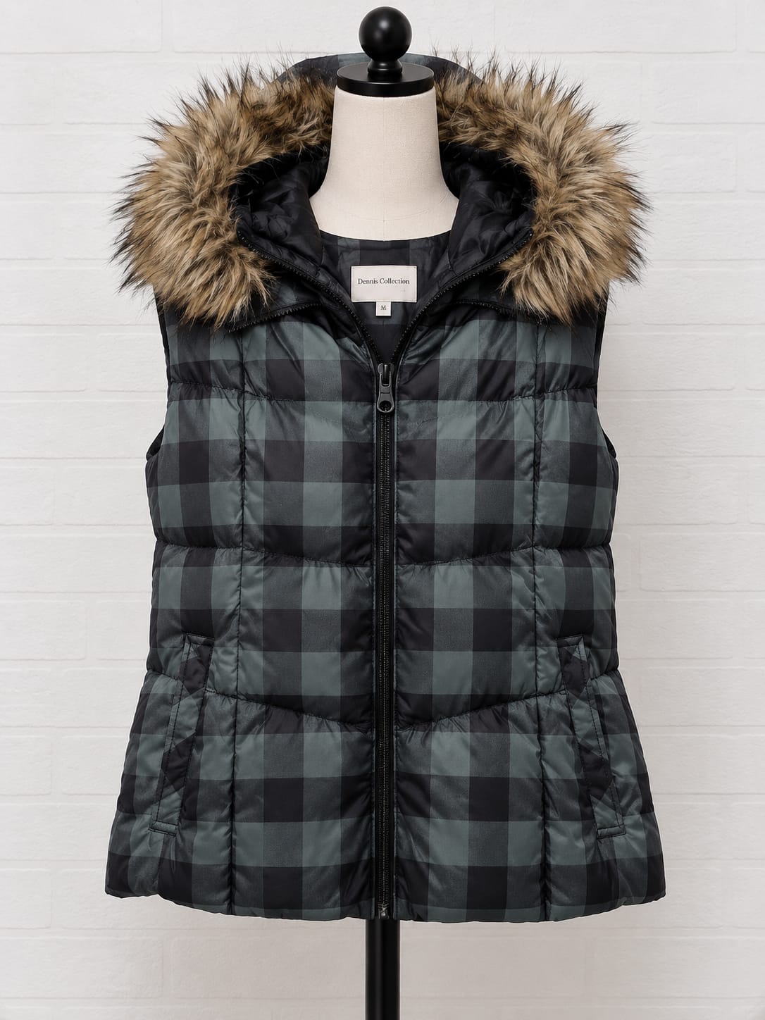 Women's Gilet Uniqlo Down Collection Grey-Green Check Puffer Faux Fur Hood XL Approx. 21" PTP - Very Good Condition