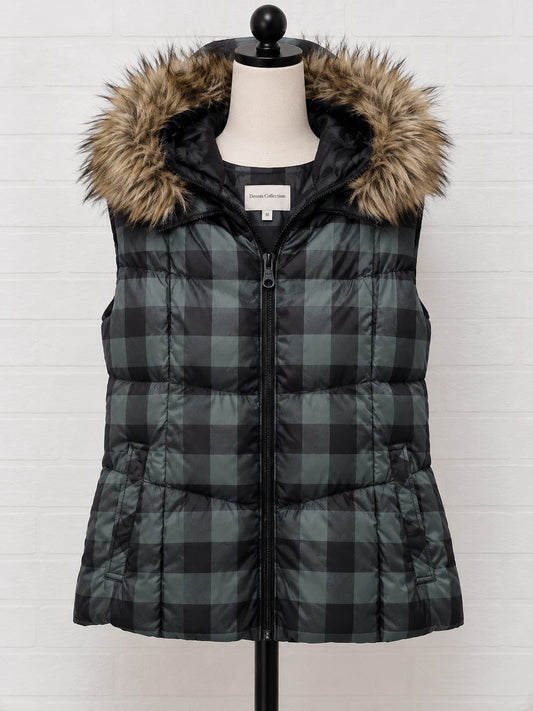Women's Gilet Uniqlo Down Collection Grey-Green Check Puffer Faux Fur Hood XL Approx. 21" PTP - Very Good Condition
