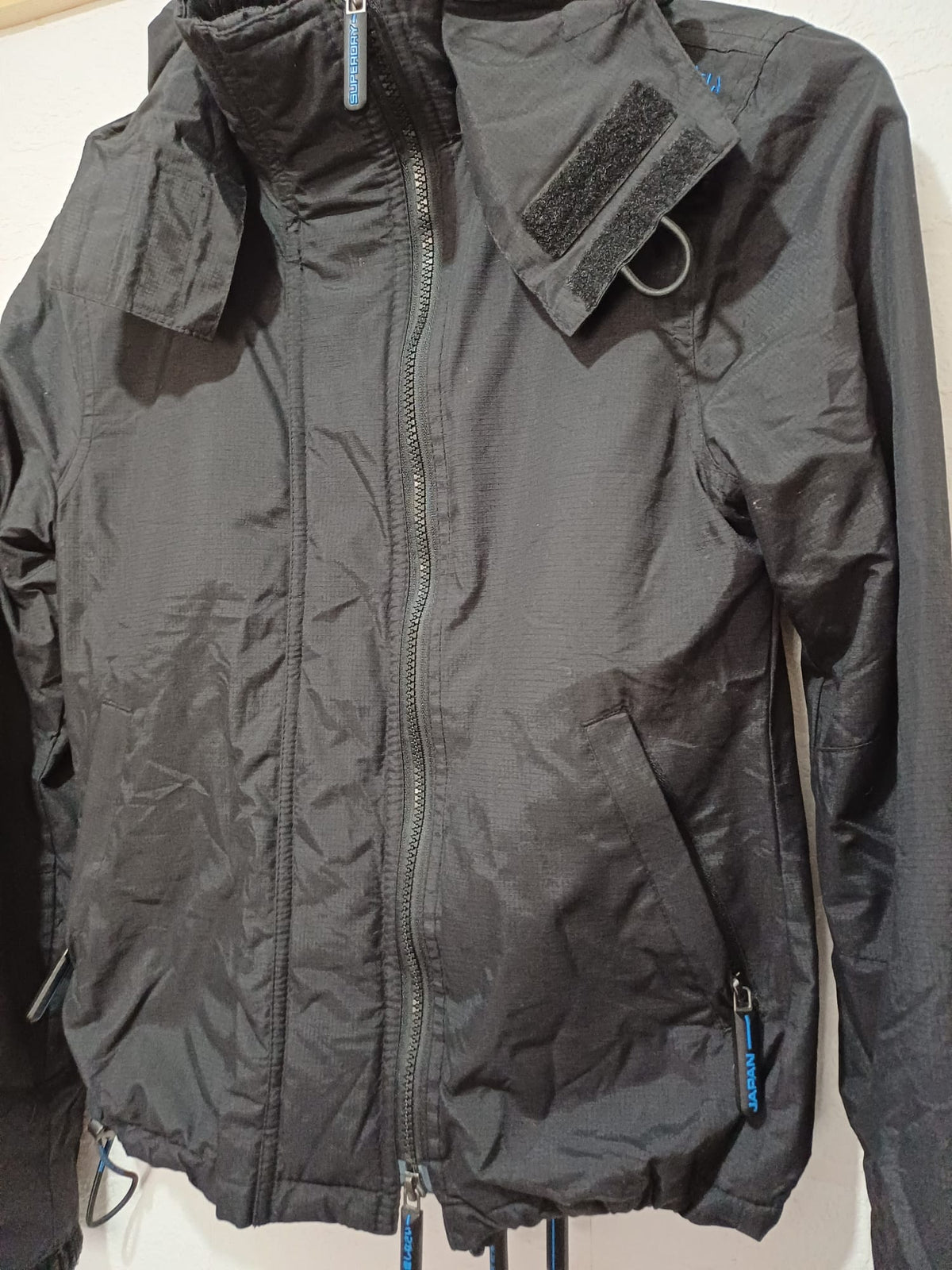 Women's Jacket Superdry Japan Black Hooded Windcheater XS Approx. 17" PTP - Very Good Condition
