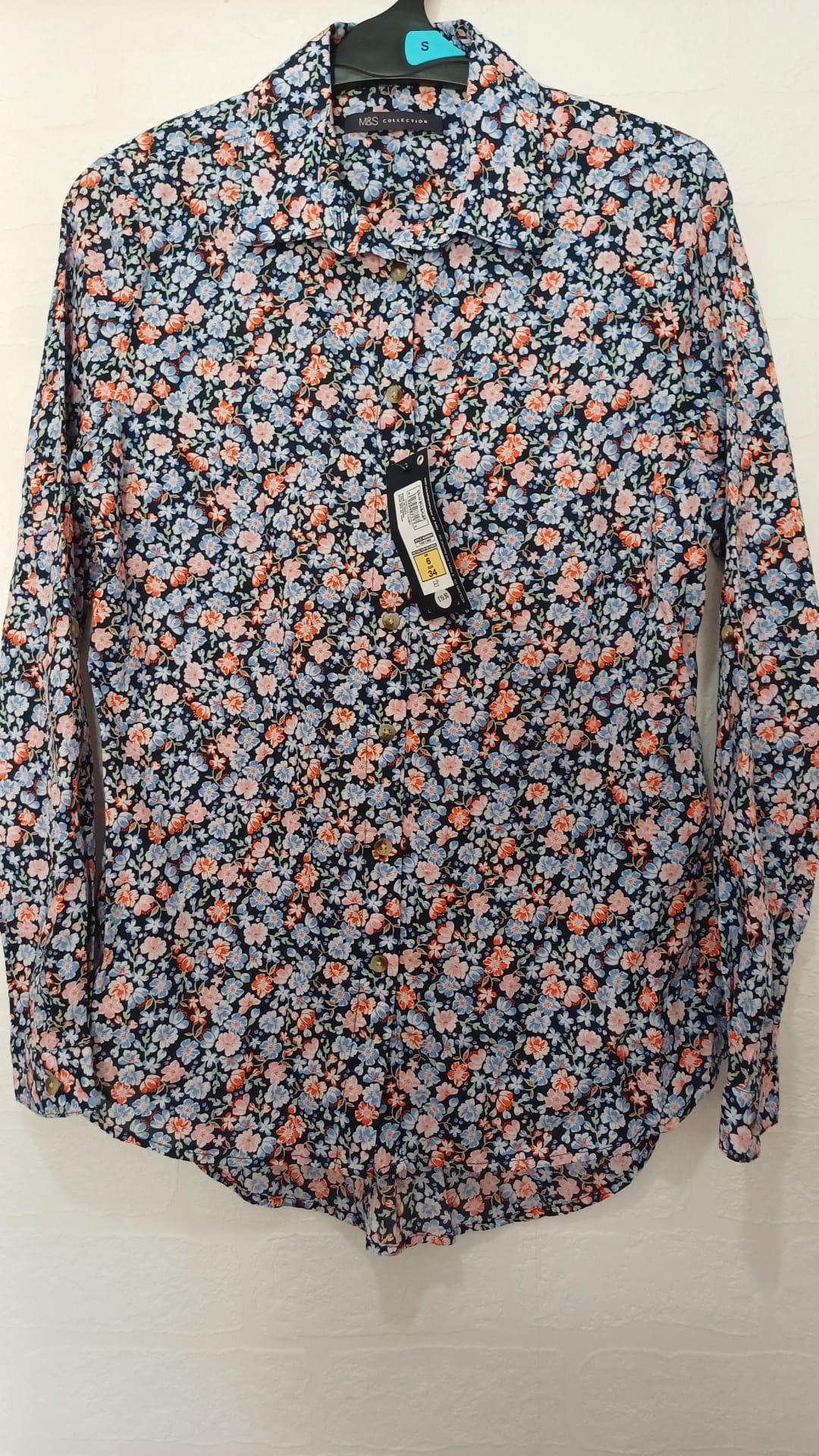 Women's Shirt M&S Collection Navy Blue Pink Floral Cotton Long Sleeve Size 6 BNWT