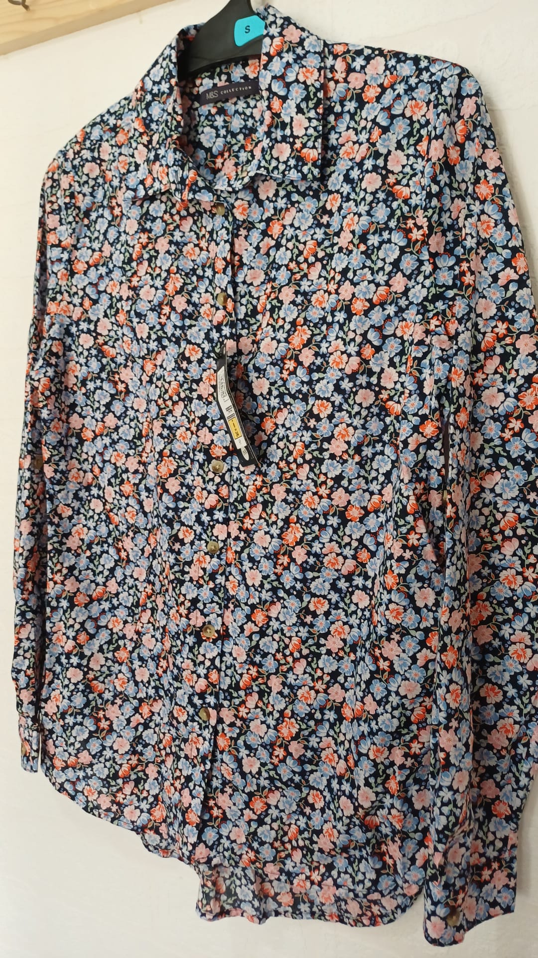 Women's Shirt M&S Collection Navy Blue Pink Floral Cotton Long Sleeve Size 6 BNWT