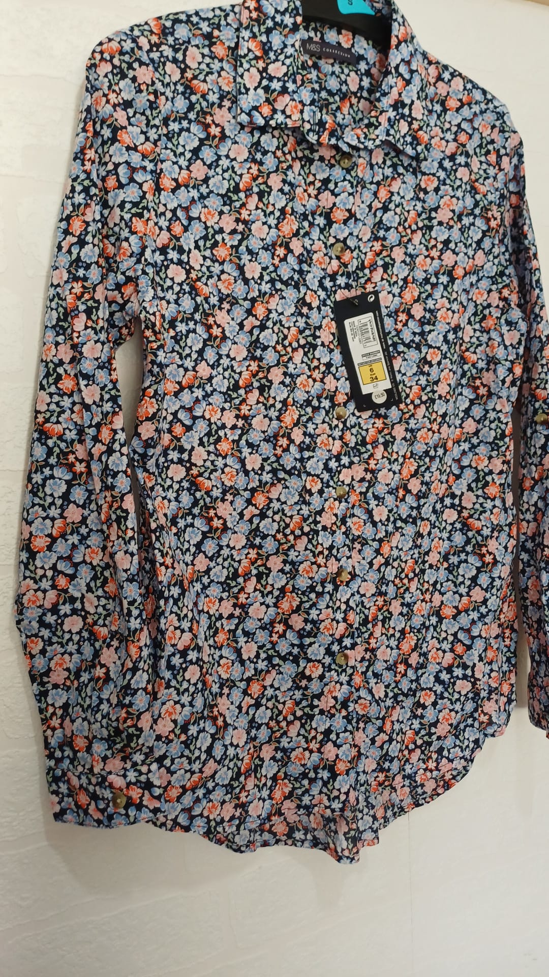 Women's Shirt M&S Collection Navy Blue Pink Floral Cotton Long Sleeve Size 6 BNWT