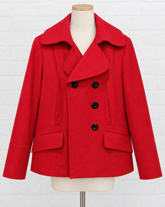 Women's Coat M&S Red Wool Blend Double Breasted Pea Coat UK 16 Approx. 21" PTP - Very Good Condition