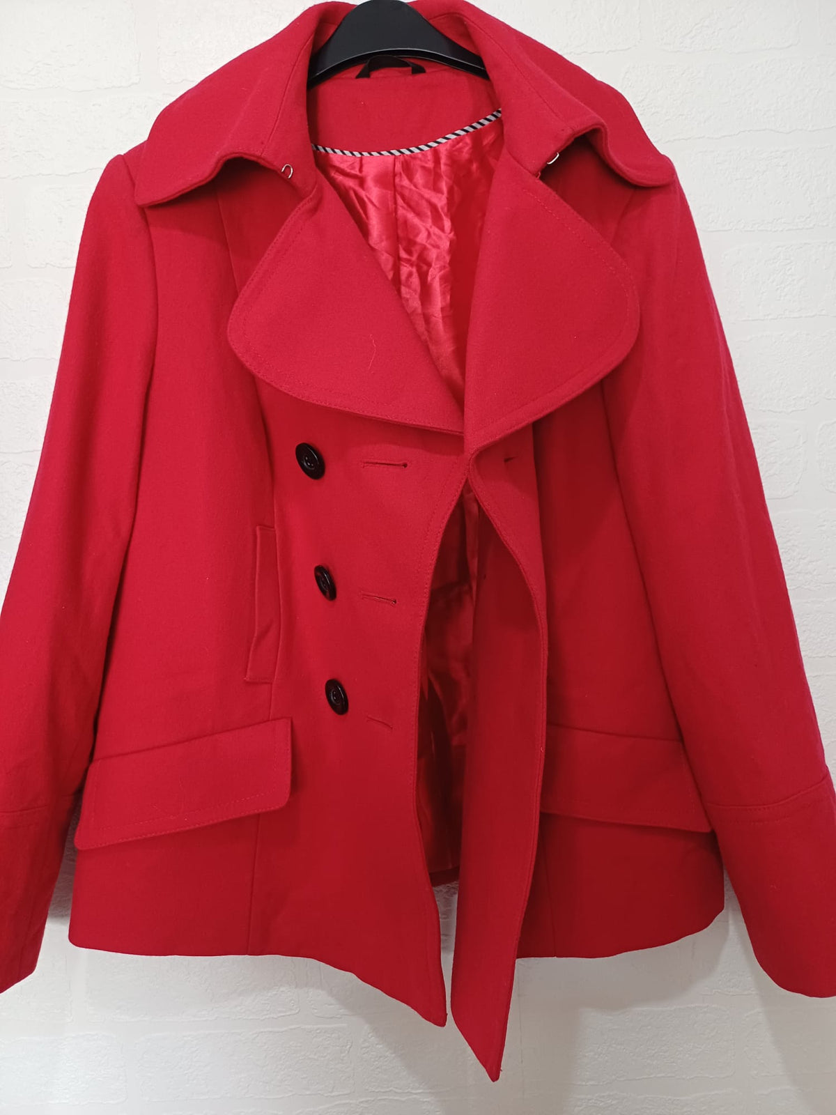 Women's Coat M&S Red Wool Blend Double Breasted Pea Coat UK 16 Approx. 21" PTP - Very Good Condition