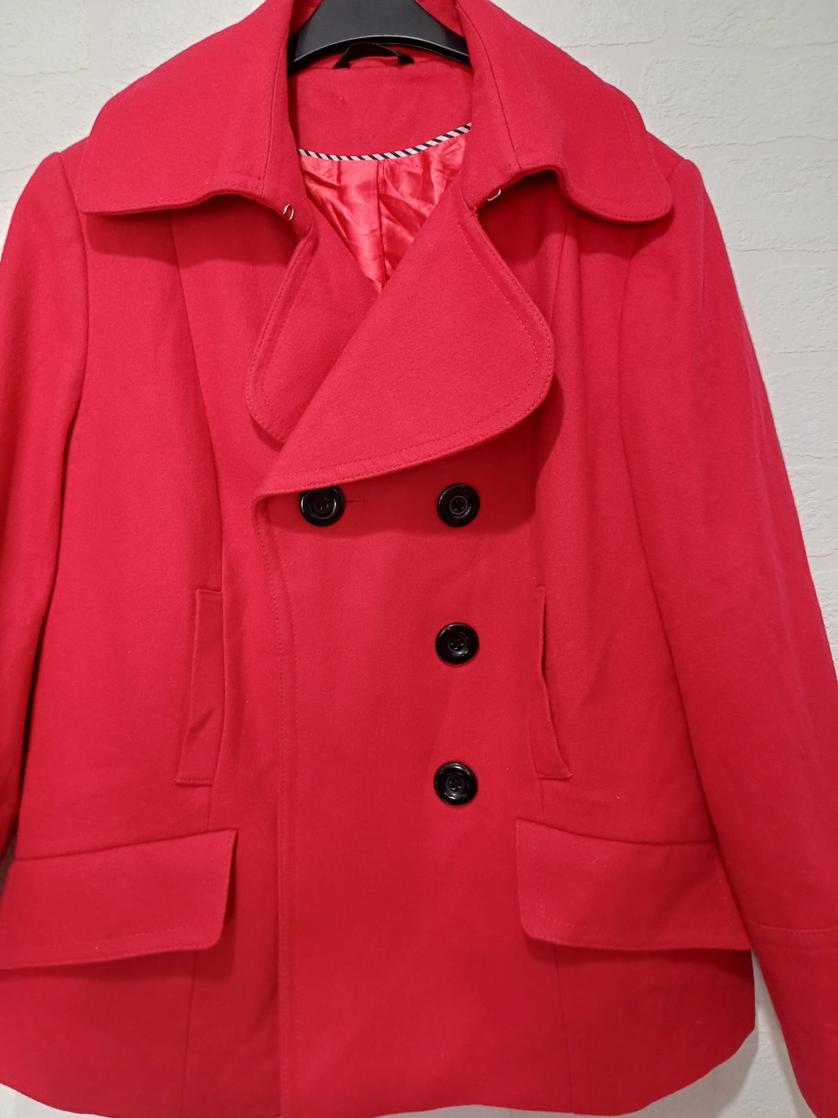 Women's Coat M&S Red Wool Blend Double Breasted Pea Coat UK 16 Approx. 21" PTP - Very Good Condition