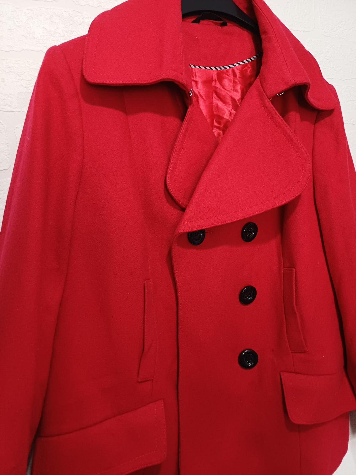 Women's Coat M&S Red Wool Blend Double Breasted Pea Coat UK 16 Approx. 21" PTP - Very Good Condition