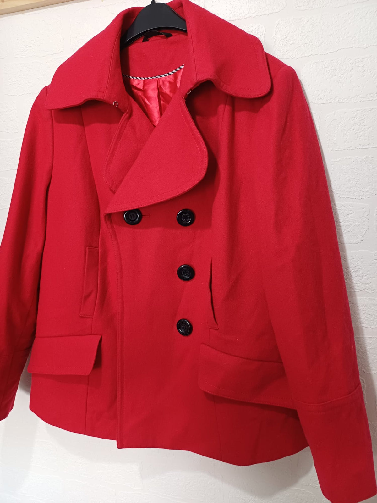 Women's Coat M&S Red Wool Blend Double Breasted Pea Coat UK 16 Approx. 21" PTP - Very Good Condition