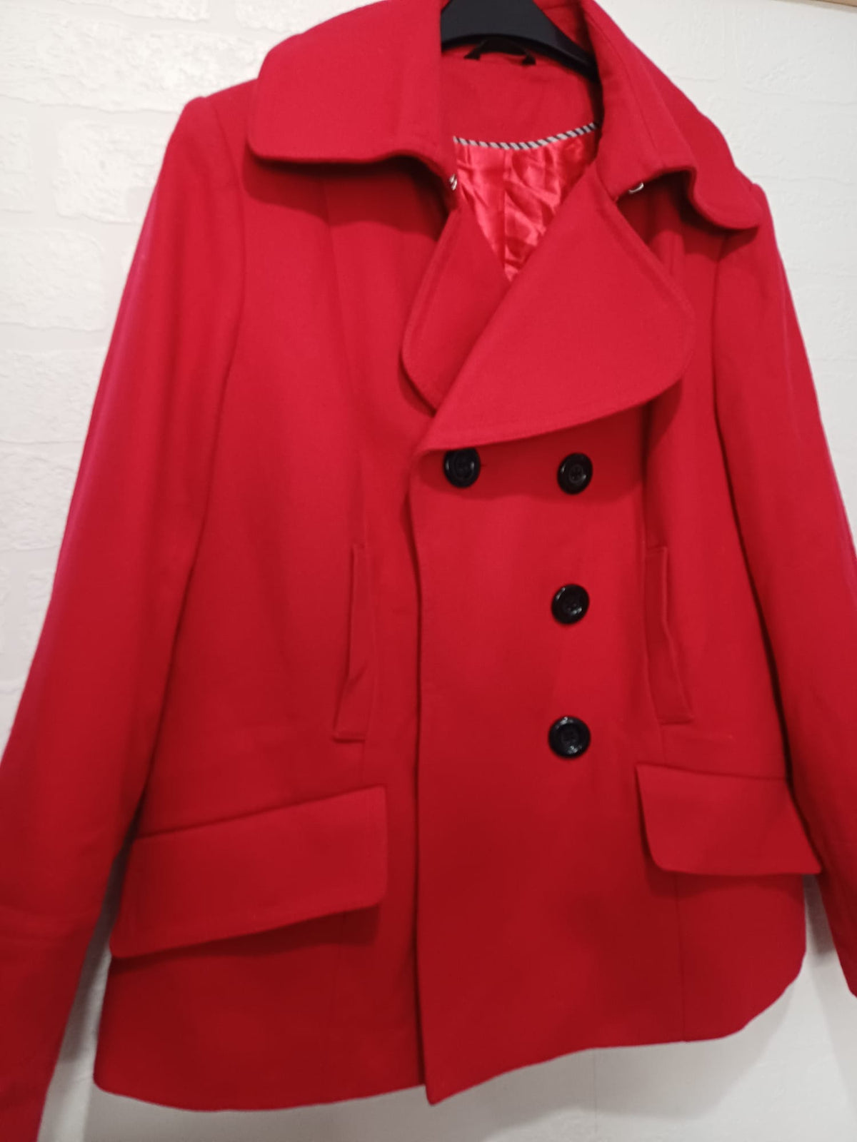 Women's Coat M&S Red Wool Blend Double Breasted Pea Coat UK 16 Approx. 21" PTP - Very Good Condition