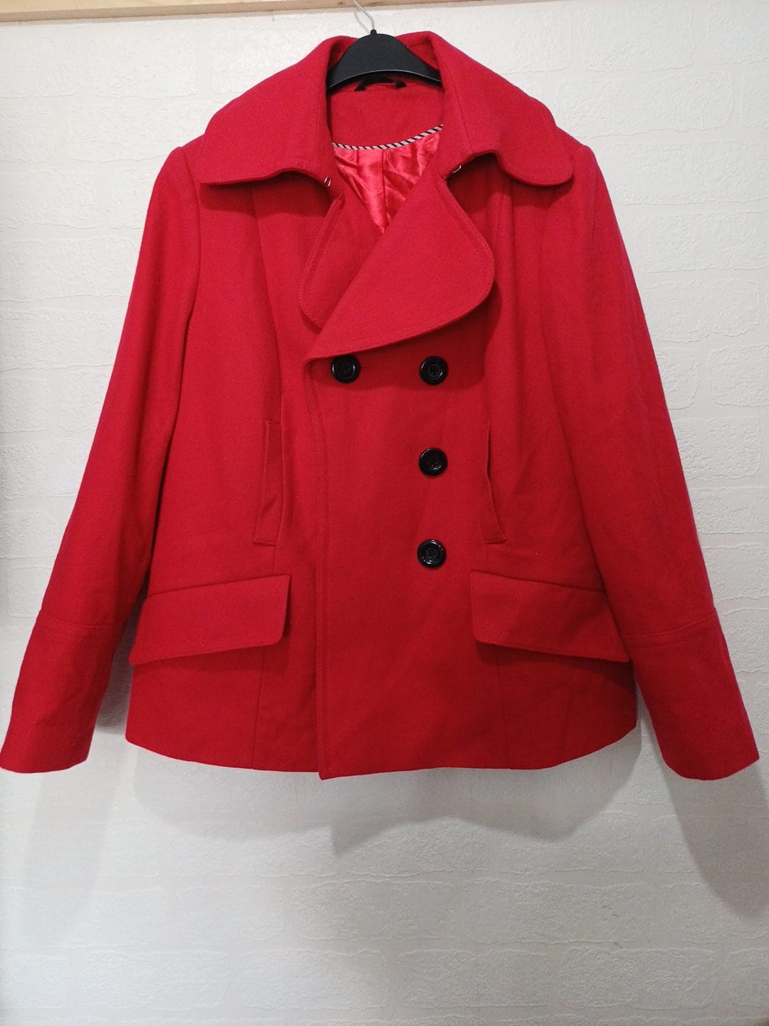 Women's Coat M&S Red Wool Blend Double Breasted Pea Coat UK 16 Approx. 21" PTP - Very Good Condition