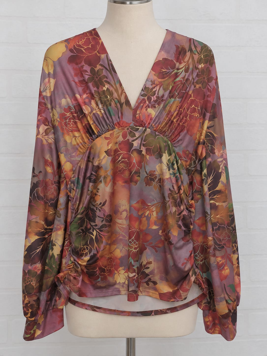 Women's Top Floral Ruched Waist Tunic Long Sleeve V Neck Stretch XXL - Very Good Condition