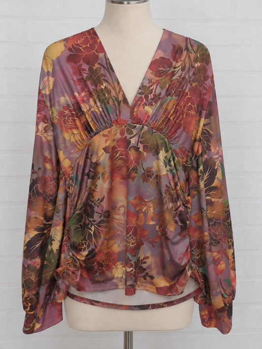 Women's Top Floral Ruched Waist Tunic Long Sleeve V Neck Stretch XXL - Very Good Condition