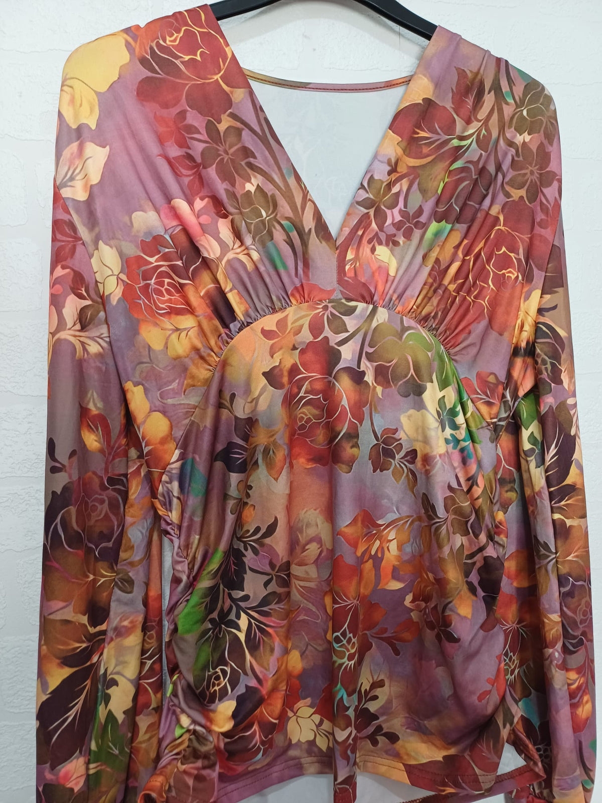 Women's Top Floral Ruched Waist Tunic Long Sleeve V Neck Stretch XXL - Very Good Condition