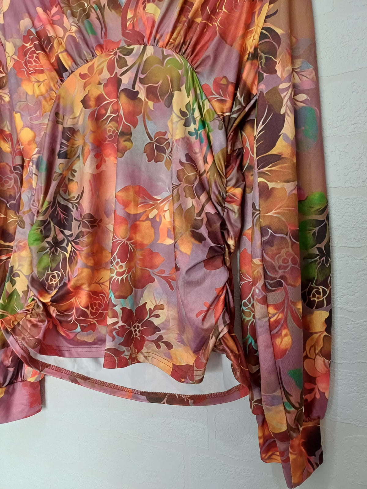 Women's Top Floral Ruched Waist Tunic Long Sleeve V Neck Stretch XXL - Very Good Condition