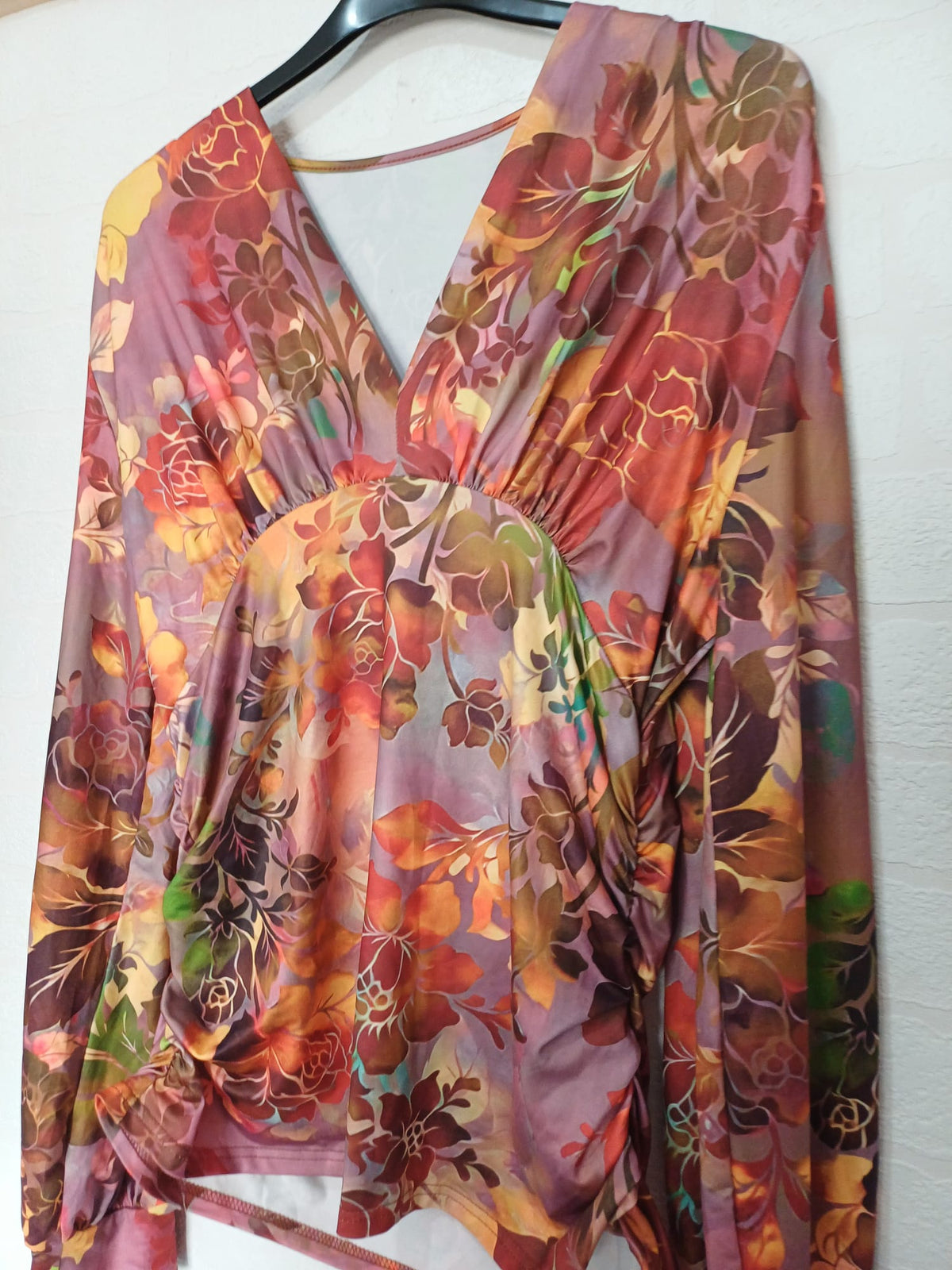 Women's Top Floral Ruched Waist Tunic Long Sleeve V Neck Stretch XXL - Very Good Condition