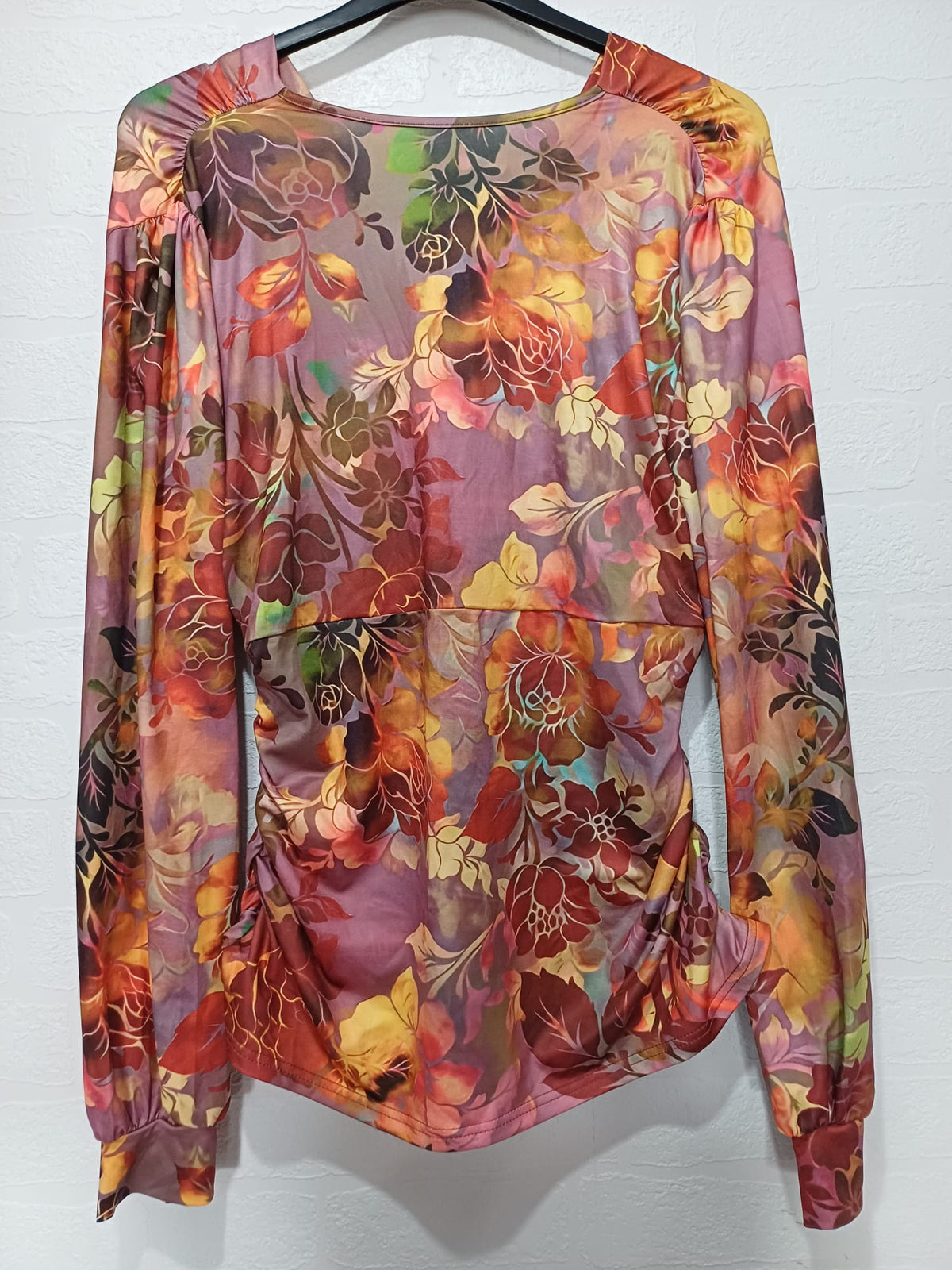 Women's Top Floral Ruched Waist Tunic Long Sleeve V Neck Stretch XXL - Very Good Condition