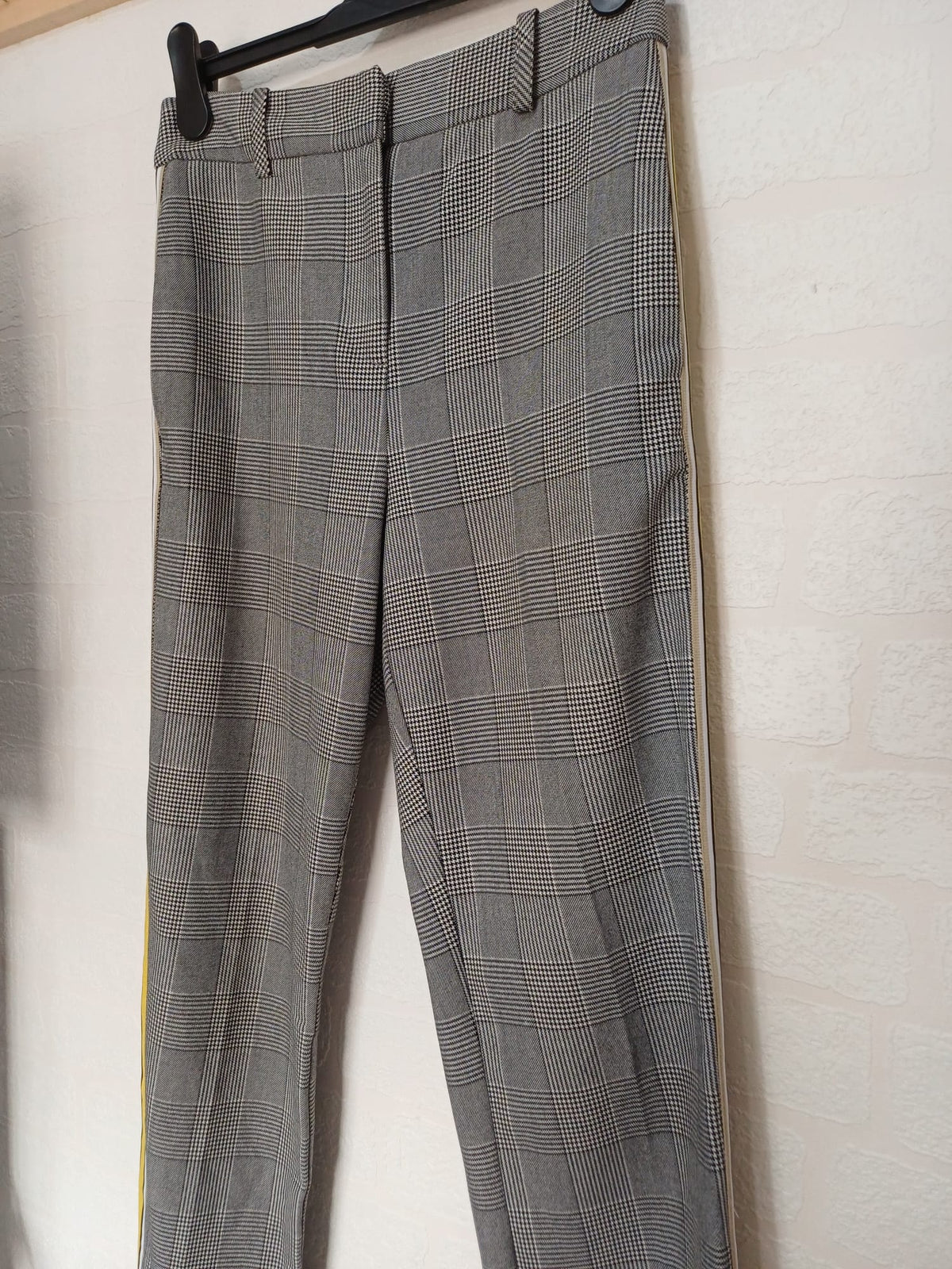 Women's Trousers Topshop Grey Check Yellow Side Stripe UK 8 W28 L30 - Very Good Condition