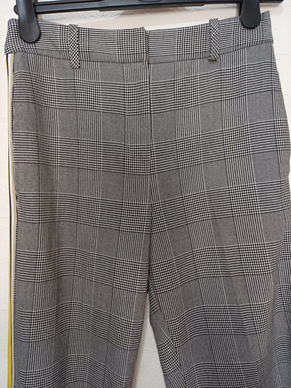 Women's Trousers Topshop Grey Check Yellow Side Stripe UK 8 W28 L30 - Very Good Condition