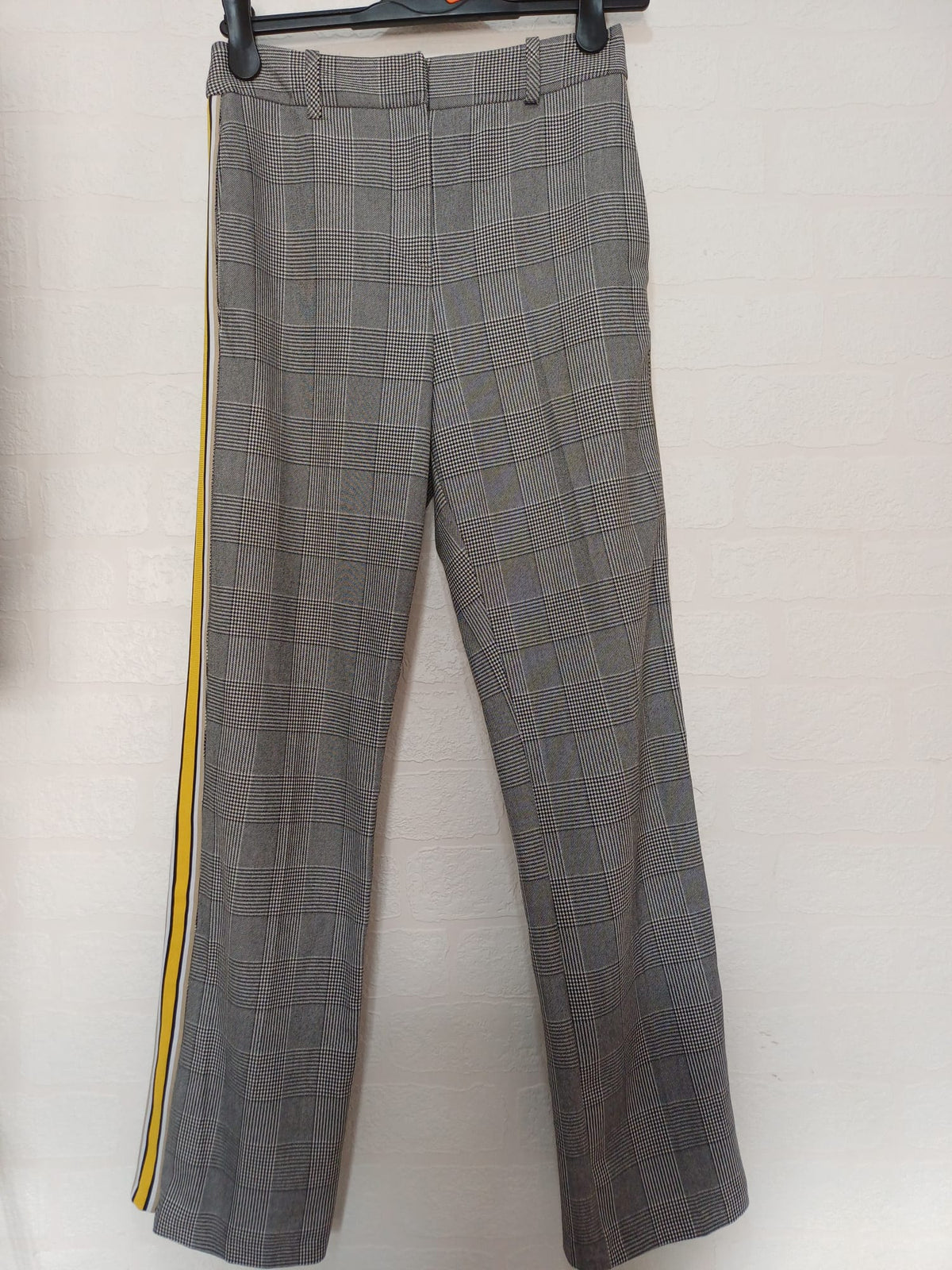 Women's Trousers Topshop Grey Check Yellow Side Stripe UK 8 W28 L30 - Very Good Condition