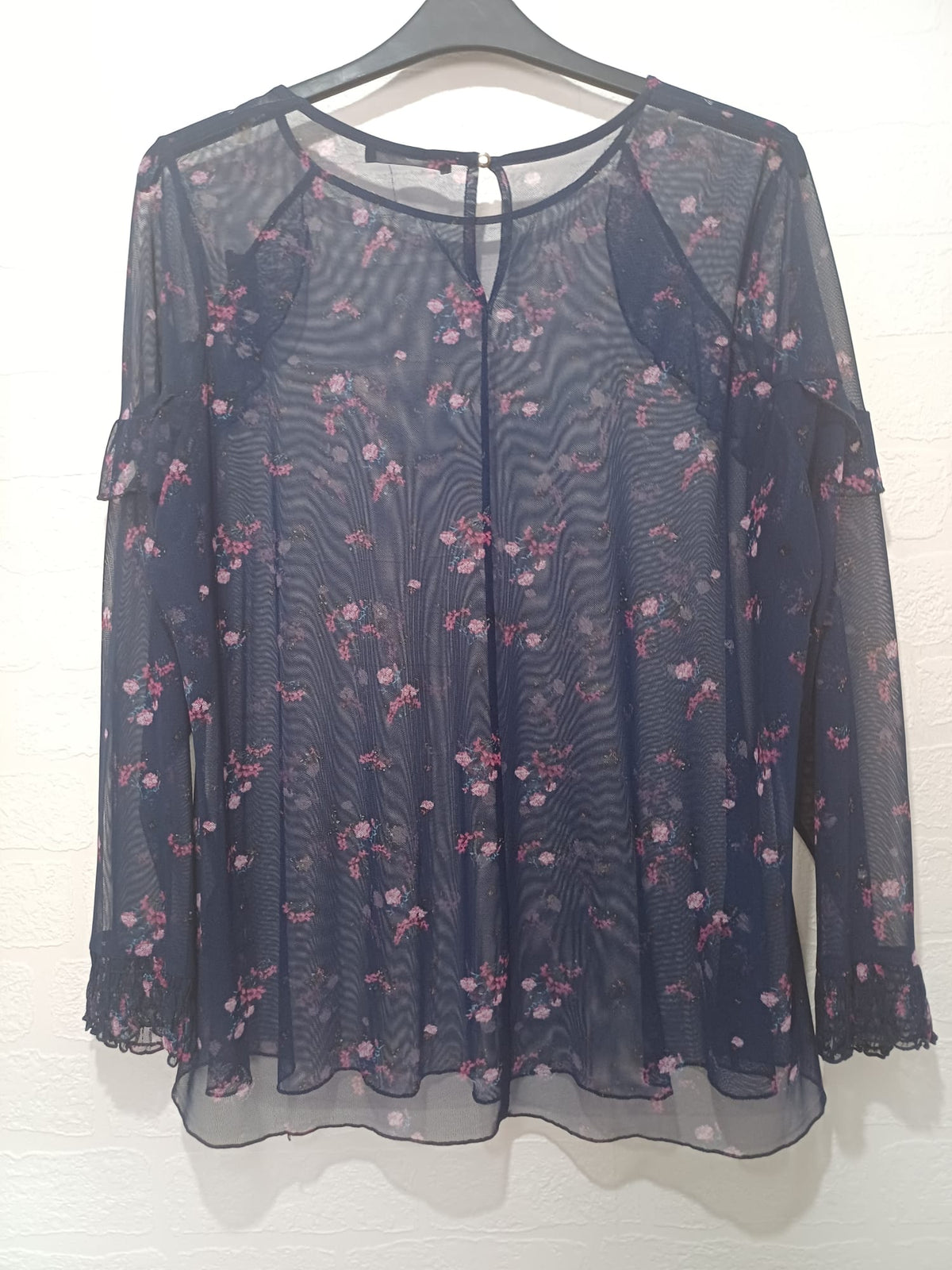 Women's Top George Navy Blue Floral Mesh Ruffle Lace Cuff Sheer Plus Size 24 Approx. 24" PTP - Good Condition