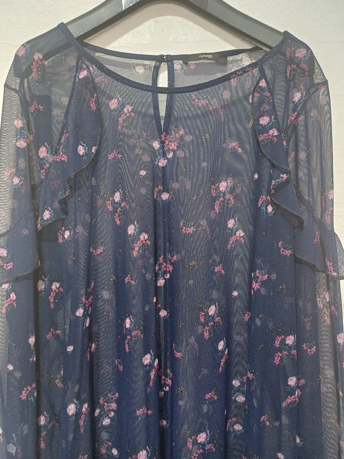 Women's Top George Navy Blue Floral Mesh Ruffle Lace Cuff Sheer Plus Size 24 Approx. 24" PTP - Good Condition