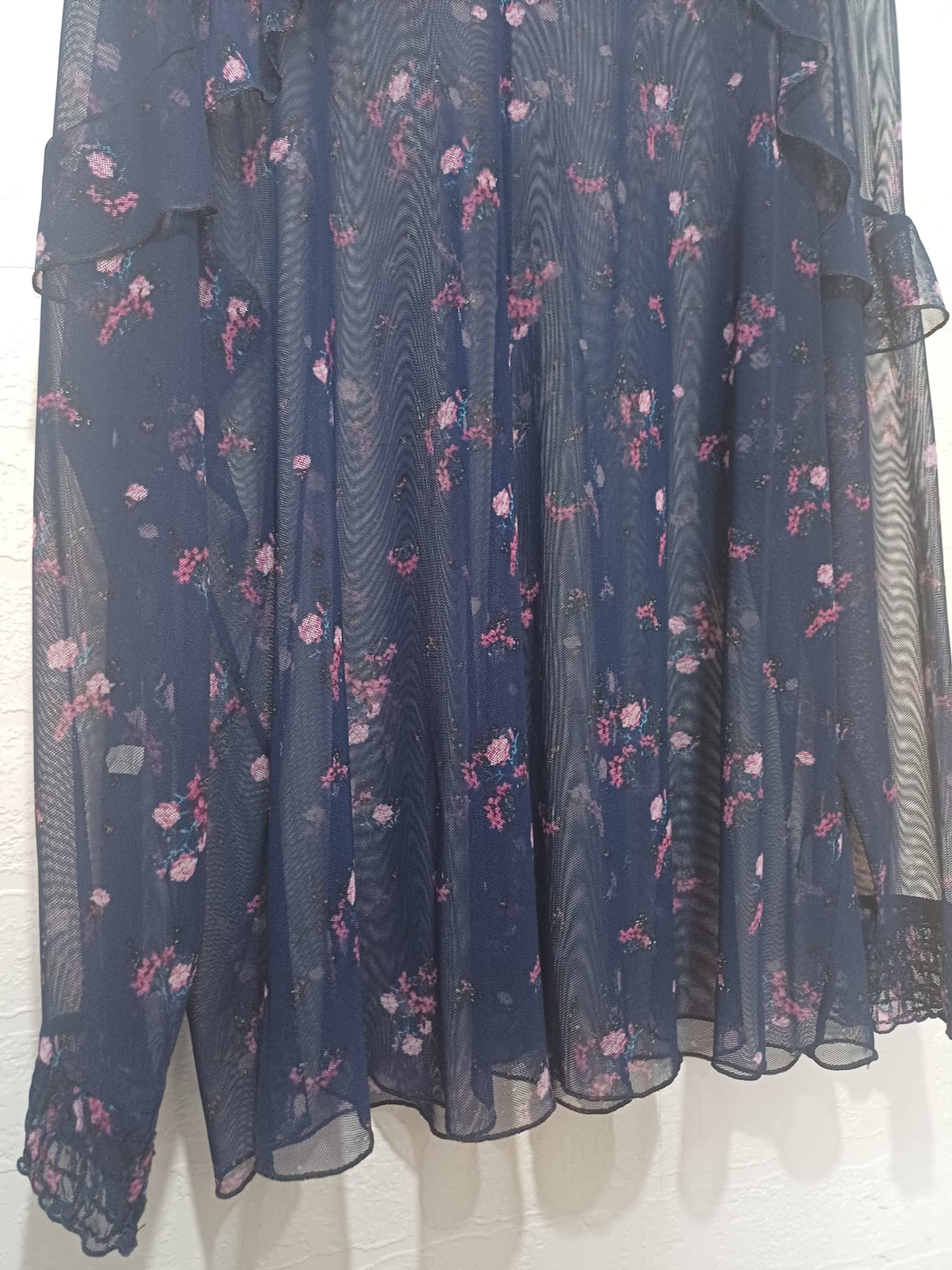 Women's Top George Navy Blue Floral Mesh Ruffle Lace Cuff Sheer Plus Size 24 Approx. 24" PTP - Good Condition