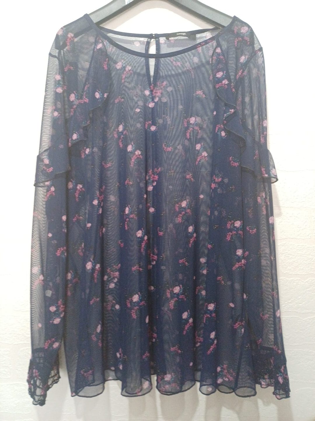Women's Top George Navy Blue Floral Mesh Ruffle Lace Cuff Sheer Plus Size 24 Approx. 24" PTP - Good Condition