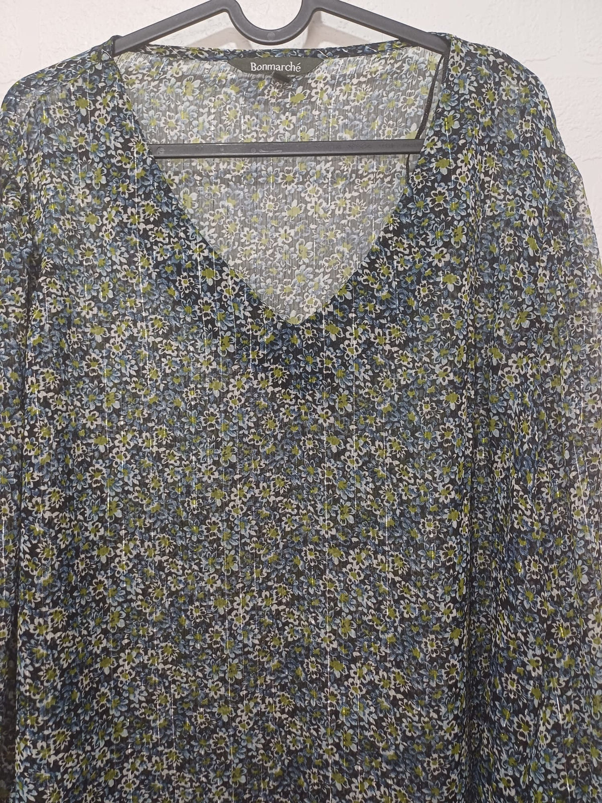 Women's Blouse Bonmarché Blue Green Floral Shimmer V-Neck Plus Size 22 Approx. 26" PTP - Good Condition