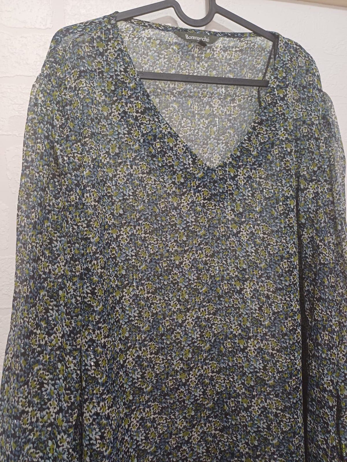 Women's Blouse Bonmarché Blue Green Floral Shimmer V-Neck Plus Size 22 Approx. 26" PTP - Good Condition