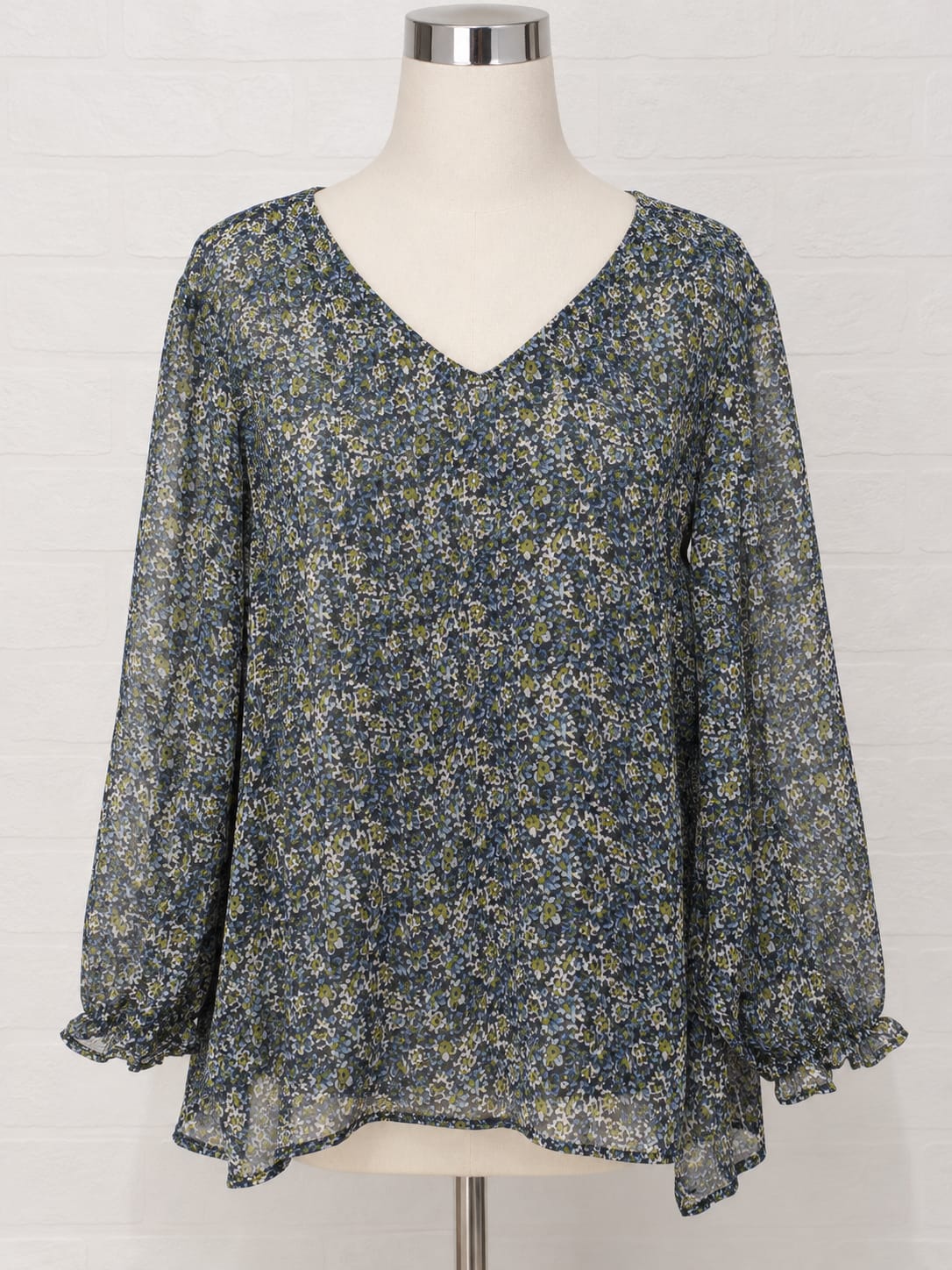 Women's Blouse Bonmarché Blue Green Floral Shimmer V-Neck Plus Size 22 Approx. 26" PTP - Good Condition