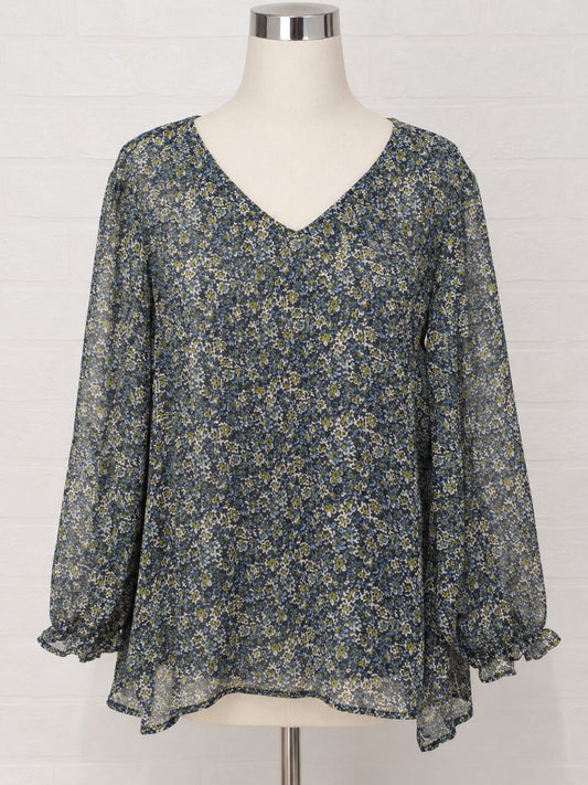 Women's Blouse Bonmarché Blue Green Floral Shimmer V-Neck Plus Size 22 Approx. 26" PTP - Good Condition