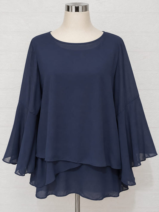 Women's Blouse Unbranded Navy Blue Layered Chiffon Flared Bell Sleeve High-Low Hem Size XL Approx. 22" PTP - New Without Tags